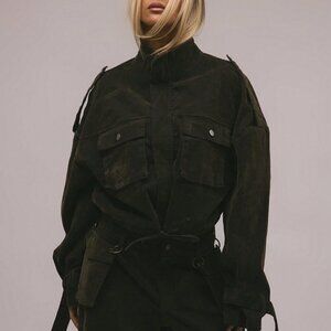 Army Green Casual Women's Velvet Denim Drawstring Cargo Jacket